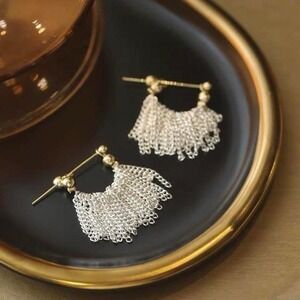 Mixed Metal Gold Silver Fringe Chain Tassel Korean Design Stud Earrings